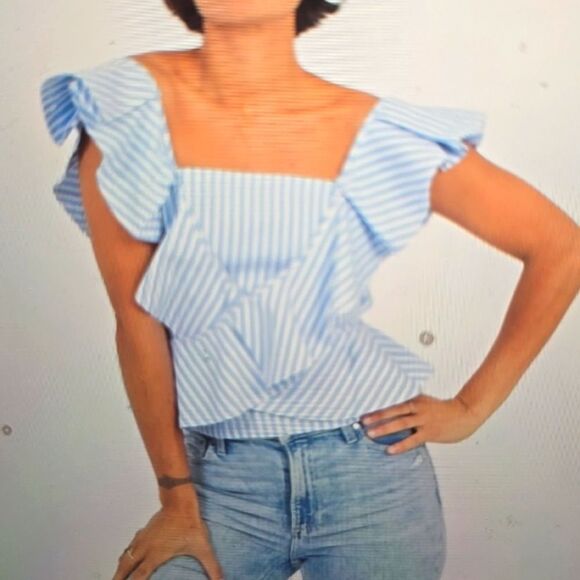 Petersyn Tops - Petersyn striped. Crossover ruffle cotton top. S